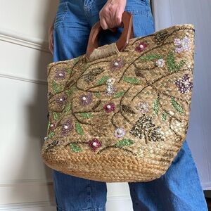 ANTIK KRAFT Crystal Embroidered Straw Tote with Wooden Handles